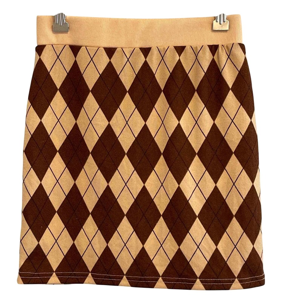 Shein Brown Argyle Mini Skirt Tan Knit Elastic Waist‎ Preppy XS JIT7677118